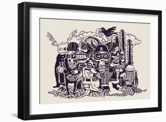 Crazy Persons, Bikers, Skulls and Cactus. Vector Illustration.-jumpingsack-Framed Art Print