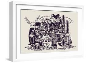 Crazy Persons, Bikers, Skulls and Cactus. Vector Illustration.-jumpingsack-Framed Art Print
