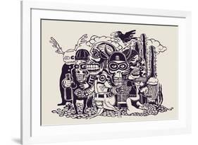 Crazy Persons, Bikers, Skulls and Cactus. Vector Illustration.-jumpingsack-Framed Premium Giclee Print