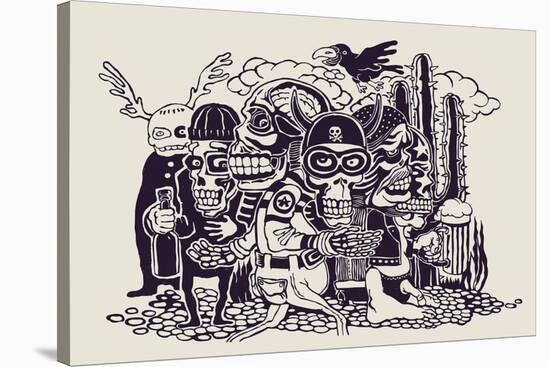 Crazy Persons, Bikers, Skulls and Cactus. Vector Illustration.-jumpingsack-Stretched Canvas