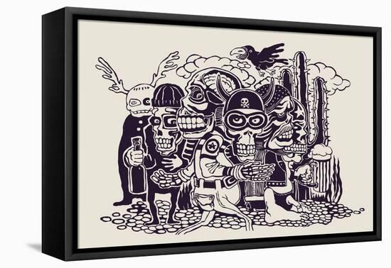 Crazy Persons, Bikers, Skulls and Cactus. Vector Illustration.-jumpingsack-Framed Stretched Canvas