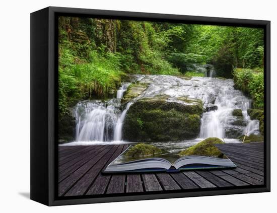 Creative Concept Image of Flowing Forest Waterfall Coming out of Pages in Magical Book-Veneratio-Framed Stretched Canvas