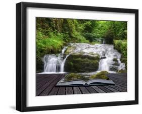 Creative Concept Image of Flowing Forest Waterfall Coming out of Pages in Magical Book-Veneratio-Framed Photographic Print