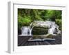 Creative Concept Image of Flowing Forest Waterfall Coming out of Pages in Magical Book-Veneratio-Framed Photographic Print