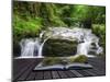 Creative Concept Image of Flowing Forest Waterfall Coming out of Pages in Magical Book-Veneratio-Mounted Photographic Print