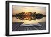 Creative Concept Image of Refelcted Lake Sunset Coming out of Pages in Magical Book-Veneratio-Framed Photographic Print