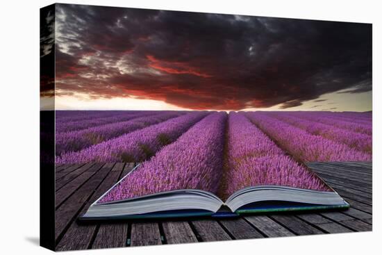 Creative Concept Pages of Book Stunning Lavender Field Landscape Summer Sunset under Moody Red Stor-Veneratio-Stretched Canvas