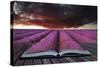 Creative Concept Pages of Book Stunning Lavender Field Landscape Summer Sunset under Moody Red Stor-Veneratio-Stretched Canvas