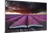 Creative Concept Pages of Book Stunning Lavender Field Landscape Summer Sunset under Moody Red Stor-Veneratio-Mounted Photographic Print