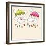 Creative Kiddish Concept with Colorful Umbrellas, Clouds and Hanging Colorful Text on Brown Backgro-Allies Interactive-Framed Art Print