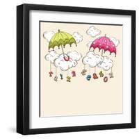 Creative Kiddish Concept with Colorful Umbrellas, Clouds and Hanging Colorful Text on Brown Backgro-Allies Interactive-Framed Art Print