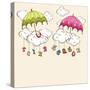 Creative Kiddish Concept with Colorful Umbrellas, Clouds and Hanging Colorful Text on Brown Backgro-Allies Interactive-Stretched Canvas