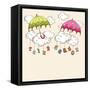Creative Kiddish Concept with Colorful Umbrellas, Clouds and Hanging Colorful Text on Brown Backgro-Allies Interactive-Framed Stretched Canvas
