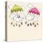 Creative Kiddish Concept with Colorful Umbrellas, Clouds and Hanging Colorful Text on Brown Backgro-Allies Interactive-Stretched Canvas