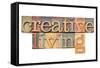 Creative Living -  Isolated Text  in Vintage Letterpress  Wood Type-PixelsAway-Framed Stretched Canvas