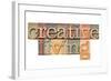 Creative Living -  Isolated Text  in Vintage Letterpress  Wood Type-PixelsAway-Framed Art Print