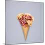 Creative Still Life of an Ice Cream Waffle Cone with Flowers on Grey Background-Fisher Photostudio-Mounted Photographic Print