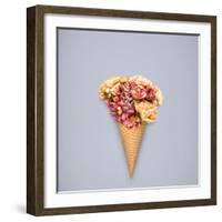 Creative Still Life of an Ice Cream Waffle Cone with Flowers on Grey Background-Fisher Photostudio-Framed Photographic Print