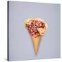 Creative Still Life of an Ice Cream Waffle Cone with Flowers on Grey Background-Fisher Photostudio-Stretched Canvas