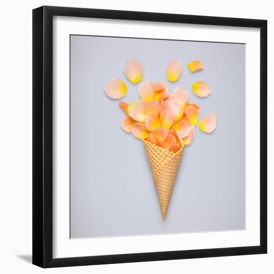 Creative Still Life of an Ice Cream Waffle Cone with Rose Petals on Grey-Fisher Photostudio-Framed Photographic Print