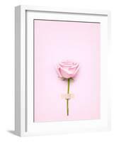 Creative Valentines Day Still Life Concept, Pink Rose in Greeting Card on Pink Paper-Fisher Photostudio-Framed Photographic Print