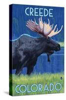 Creede, Colorado - Moose in the Moonlight-Lantern Press-Stretched Canvas