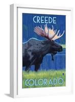 Creede, Colorado - Moose in the Moonlight-Lantern Press-Framed Art Print