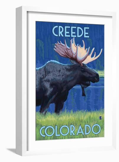 Creede, Colorado - Moose in the Moonlight-Lantern Press-Framed Art Print