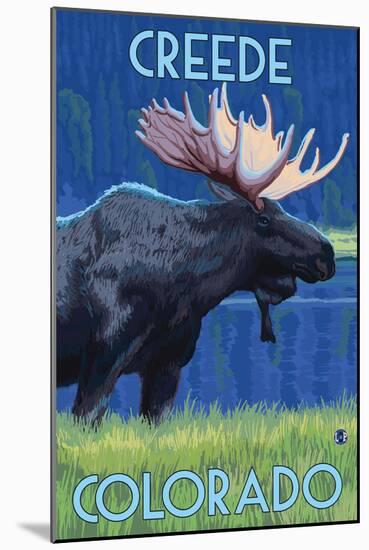 Creede, Colorado - Moose in the Moonlight-Lantern Press-Mounted Art Print
