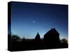 Crescent Moon, and the Planets Venus and Jupiter In a Rare Alignment, Shine Above a Farmhouse-null-Stretched Canvas