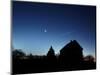 Crescent Moon, and the Planets Venus and Jupiter In a Rare Alignment, Shine Above a Farmhouse-null-Mounted Photographic Print