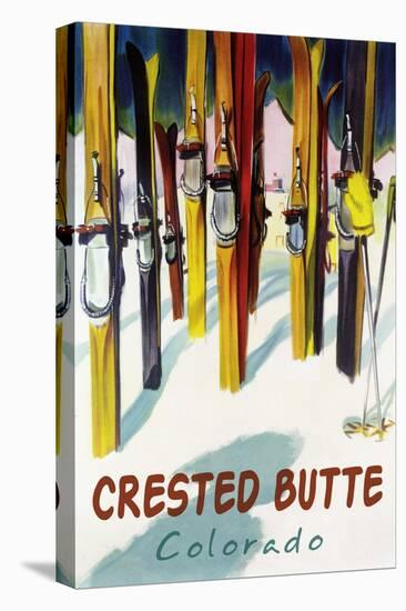 Crested Butte, Colorado - Colorful Skis-Lantern Press-Stretched Canvas