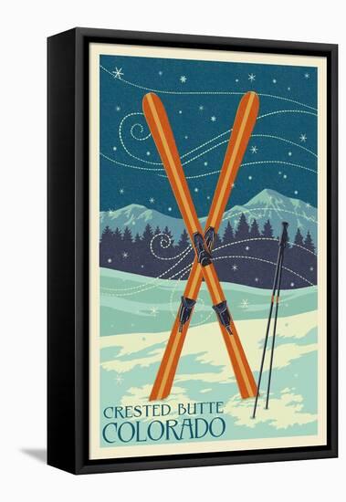 Crested Butte, Colorado - Crossed Skis-Lantern Press-Framed Stretched Canvas