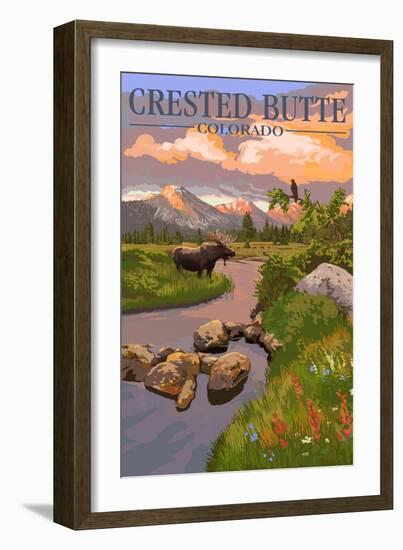 Crested Butte, Colorado - Moose and Meadow Scene-Lantern Press-Framed Art Print