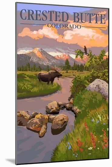 Crested Butte, Colorado - Moose and Meadow Scene-Lantern Press-Mounted Art Print