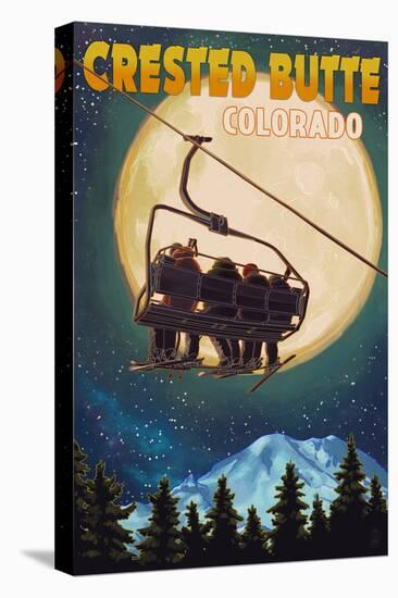 Crested Butte, Colorado - Ski Lift and Full Moon-Lantern Press-Stretched Canvas