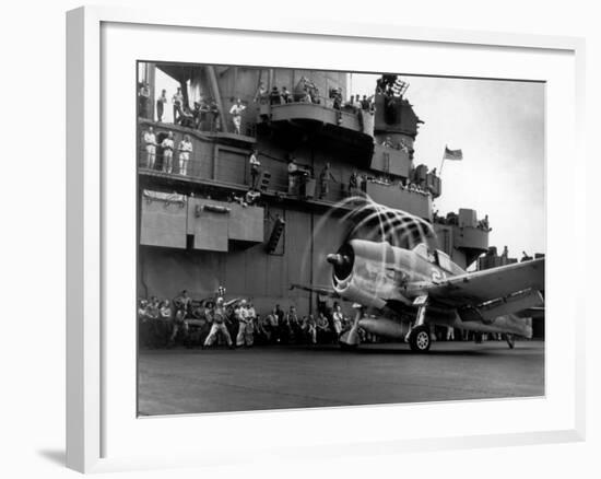 Crew Members on Deck of American Aircraft Carrier, Watching Take-Off of a F6F Hellcat-null-Framed Premium Photographic Print