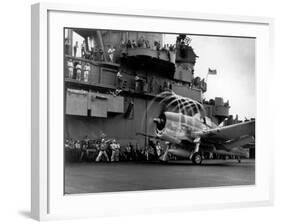 Crew Members on Deck of American Aircraft Carrier, Watching Take-Off of a F6F Hellcat-null-Framed Premium Photographic Print