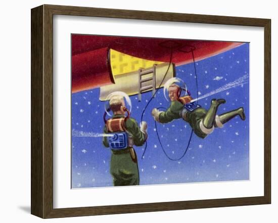 Crew of a Space Rocket in Free Flight Outside Their Vehicle-null-Framed Art Print