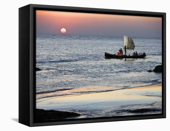 Crew of Fishing Boat Hurries Home to Sittwe as Sun Sets over the Bay of Bengal, Burma, Myanmar-Nigel Pavitt-Framed Stretched Canvas