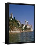 Croatia, Dalmatia, Rab Island, Rab City, Old Town, Cityscape, Beach, Swimmers-Thonig-Framed Stretched Canvas