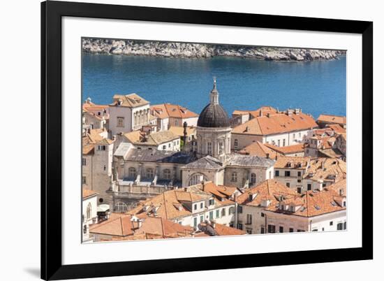 Croatia, Dubrovnik. Old City Cathedral, red tile roofs and Adriatic.-Trish Drury-Framed Photographic Print
