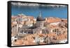 Croatia, Dubrovnik. Old City Cathedral, red tile roofs and Adriatic.-Trish Drury-Framed Stretched Canvas