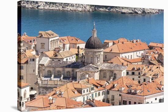 Croatia, Dubrovnik. Old City Cathedral, red tile roofs and Adriatic.-Trish Drury-Stretched Canvas