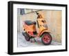 Croatia, Hvar. Bright orange vespa bike in the town of Hvar. (Editorial Use Only)-Julie Eggers-Framed Photographic Print