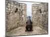 Croatia, Hvar. Cannon overlooking the town and coastline from Hvar Fortica or Spanjola Fortress.-Julie Eggers-Mounted Photographic Print