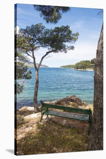 Croatia, Hvar Island, Stari Grad. Picturesque waterfront spot for bench.-Trish Drury-Stretched Canvas