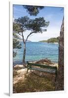 Croatia, Hvar Island, Stari Grad. Picturesque waterfront spot for bench.-Trish Drury-Framed Photographic Print