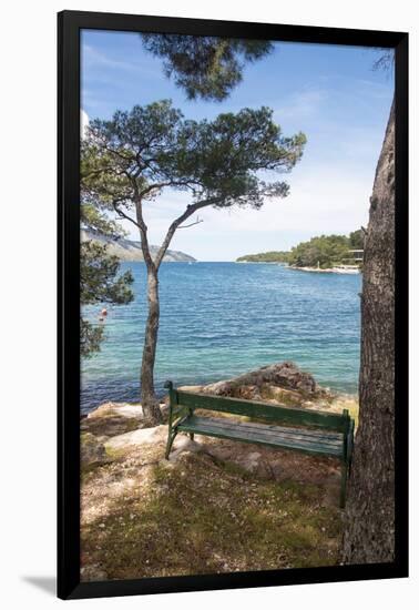 Croatia, Hvar Island, Stari Grad. Picturesque waterfront spot for bench.-Trish Drury-Framed Photographic Print