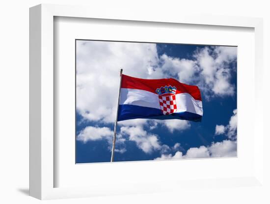 Croatian flag against blue sky and clouds, Ston, Croatia-Russ Bishop-Framed Photographic Print